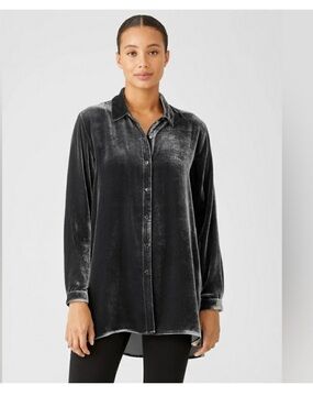 Eileen Fisher Long Silk Viscose Velvet Button Down Shirt  Petite Large